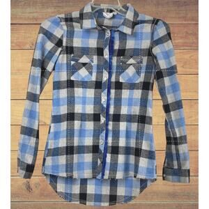 White Crow Plaid Shirt XS Blue Black Fringe Ribbon Trim Boho Western Button